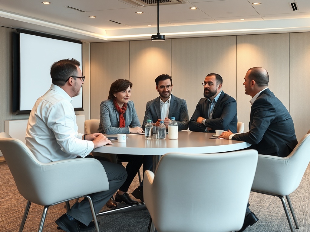 На изображении группа людей в деловой встрече в современном офисе. Обсуждают важные вопросы.