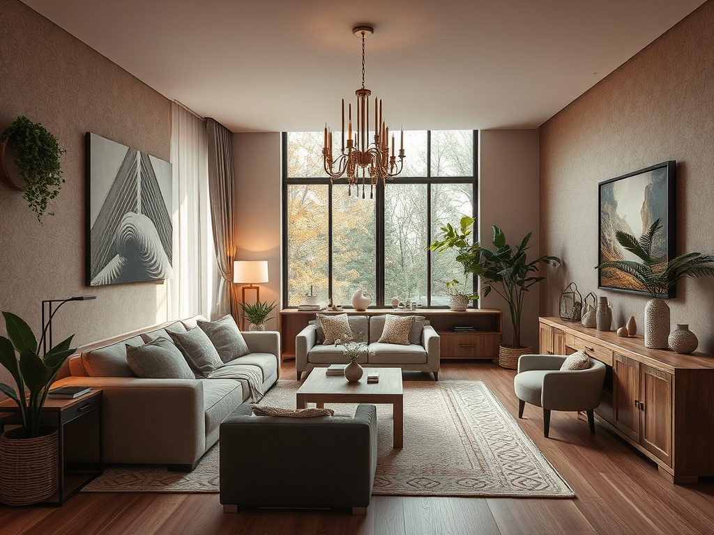 Современный уютный салон с диваном, растениями и большим окном, впускающим свет и осенние пейзажи.