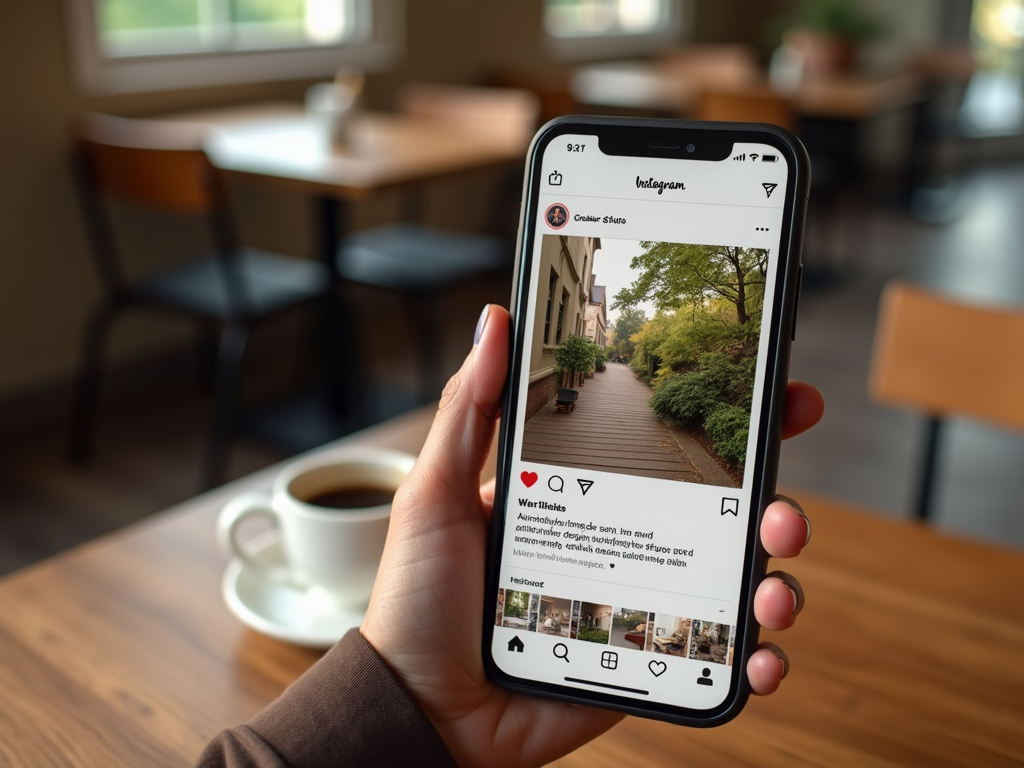 На изображении человек держит телефон с открытым Instagram в кафе, за ним виден стол и чашка кофе.