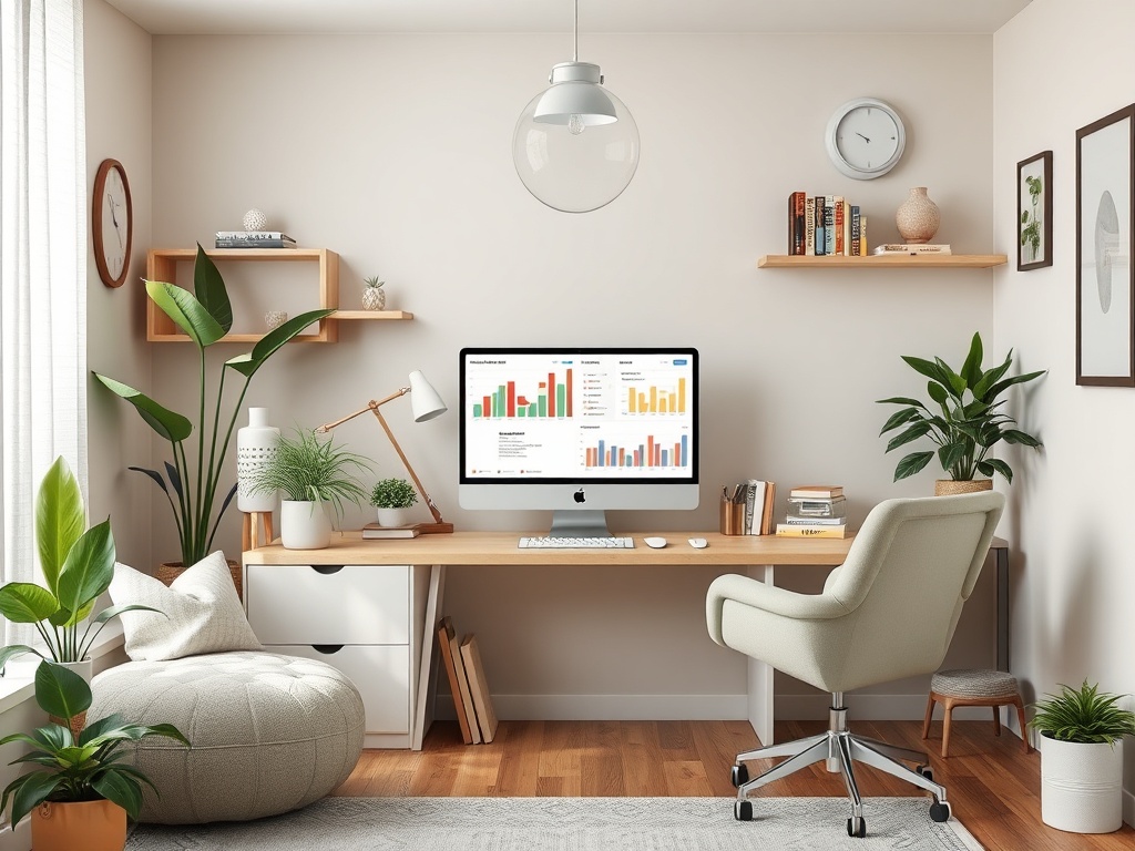 Современный офис: стол с компьютером, кресло, растения и уютный декор на стенах. Светлое и комфортное пространство.