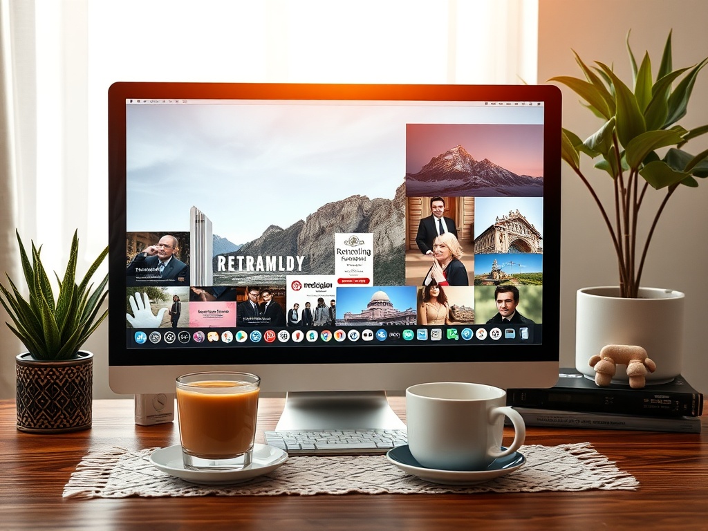 На столе стоит компьютер с изображением, чашка кофе и сок в стеклянном стакане, рядом растения.