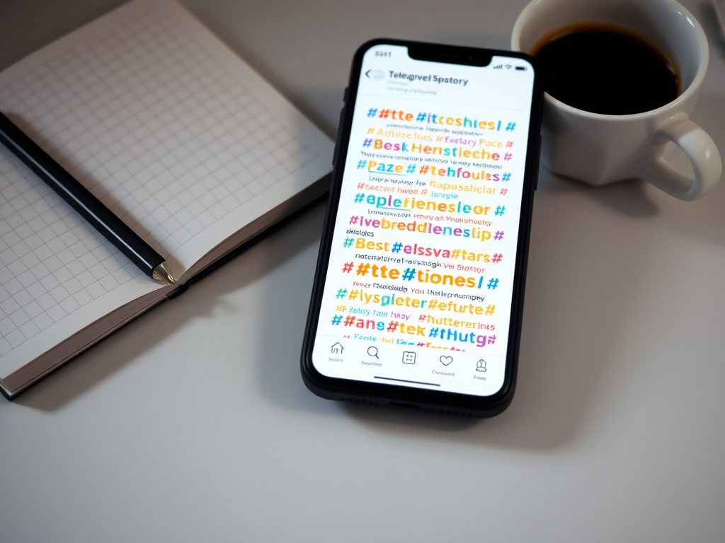 На изображении смартфон с экраном, полным цветных хэштегов, рядом блокнот и чашка кофе.