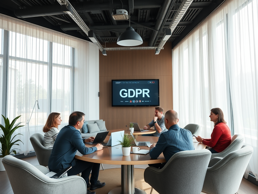 Совещание в учебном классе, участники обсуждают вопросы GDPR, представлен экран с надписью "GDPR".