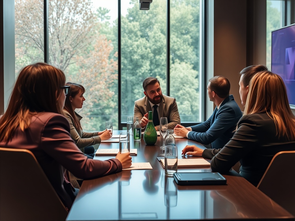 Группа людей на деловой встрече обсуждает идеи за столом в офисе с большими окнами.